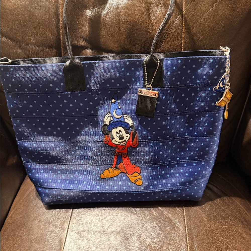 Disney Parks Sorcerer Mickey Fantasia Tote Bag | Blue Star Print | Charms